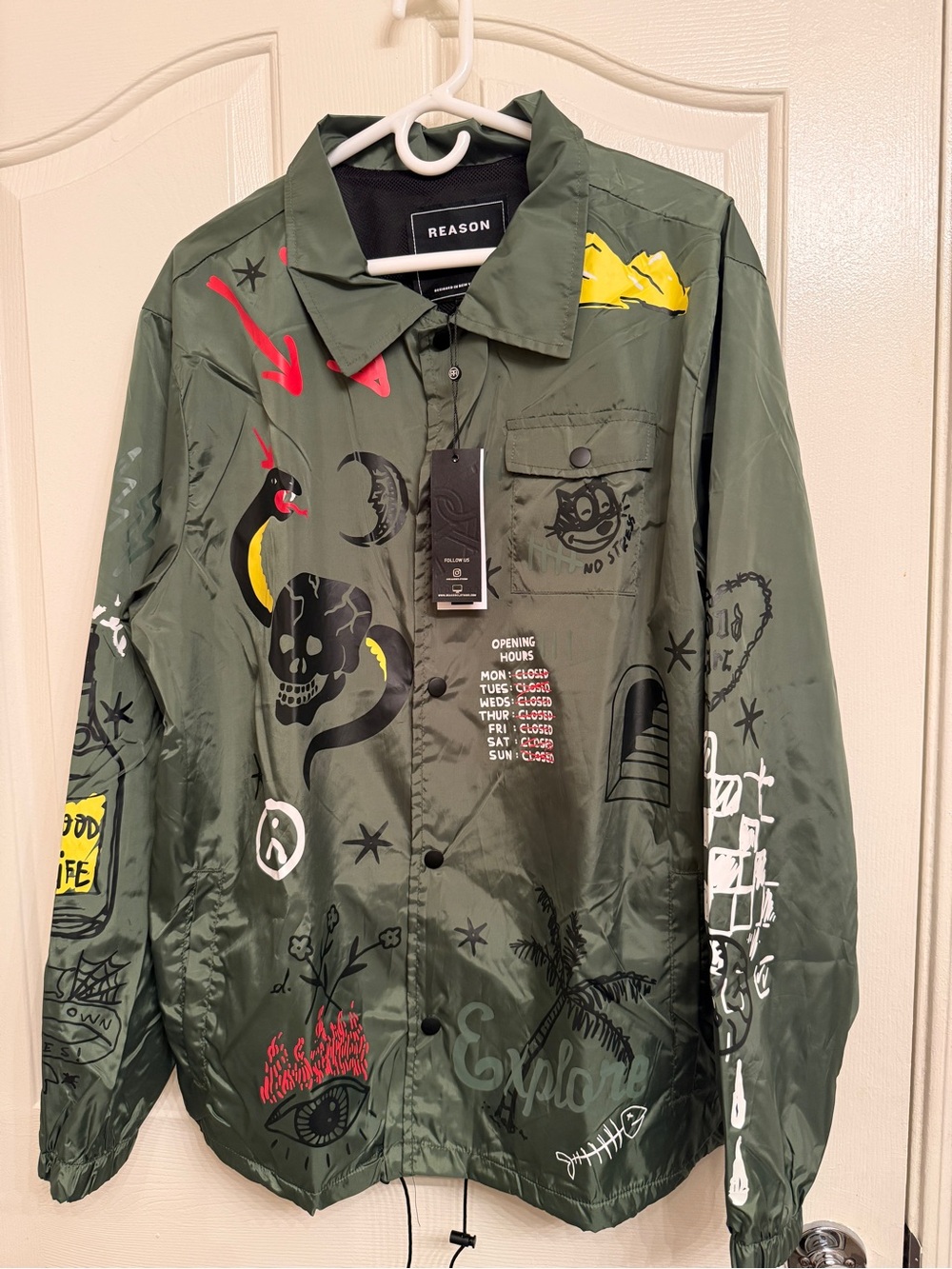 Reason Brand Mens L Olive Graphic Coach Jacket Streetwear NWT